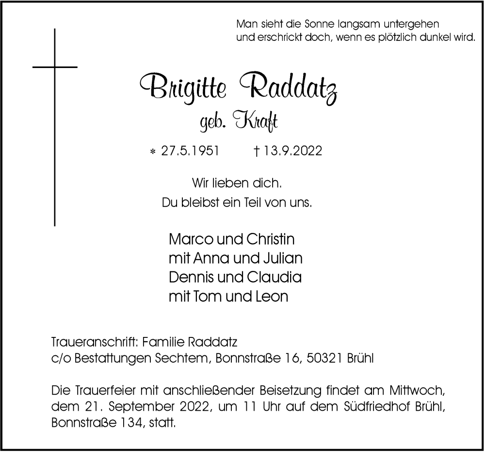  Traueranzeige für Brigitte Raddatz vom 16.09.2022 aus  Schlossbote/Werbekurier 