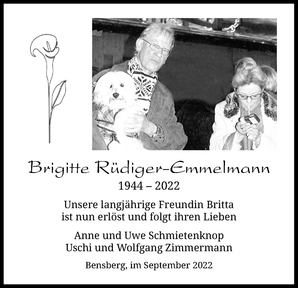  Traueranzeige für Brigitte Rüdiger-Emmelmann vom 17.09.2022 aus Kölner Stadt-Anzeiger / Kölnische Rundschau / Express