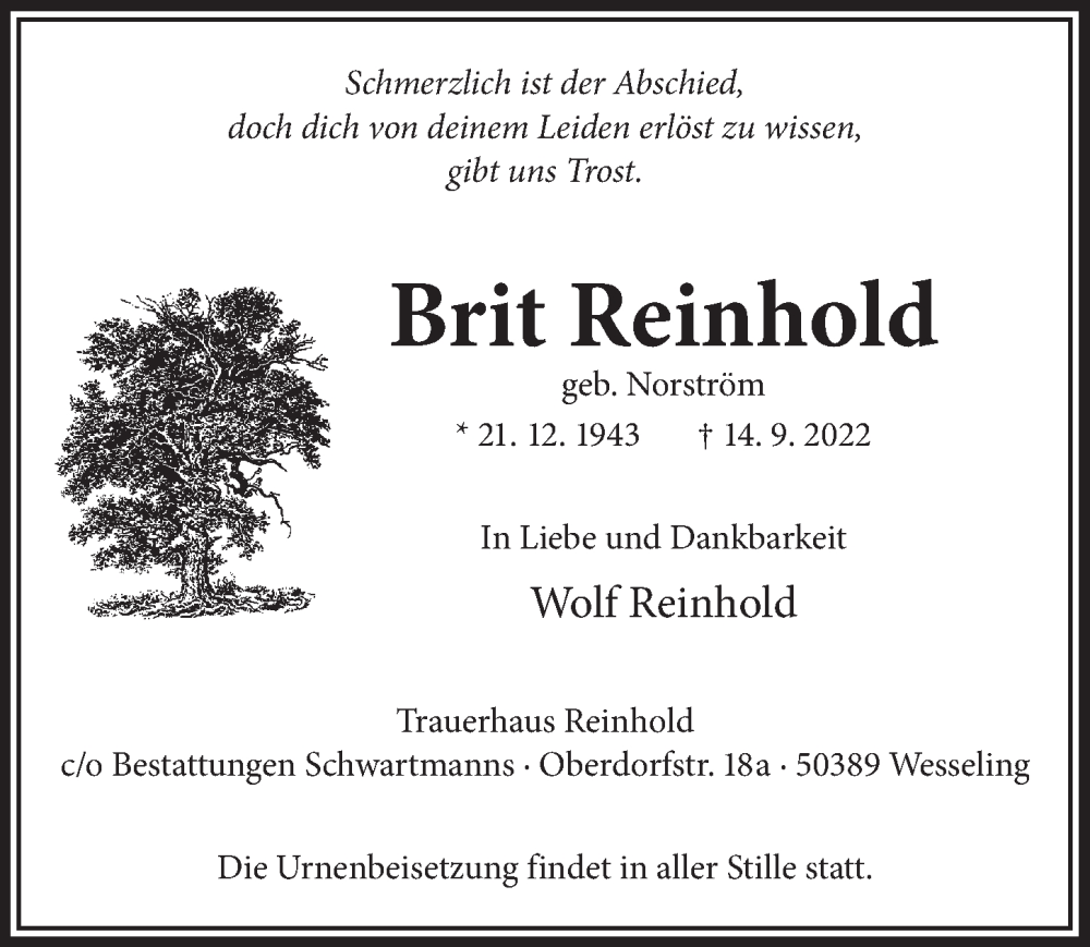  Traueranzeige für Brit Reinhold vom 23.09.2022 aus  Schlossbote/Werbekurier 
