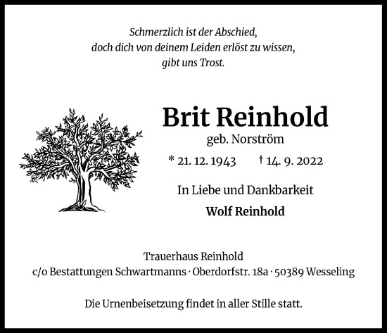 Anzeige von Brit Reinhold von Kölner Stadt-Anzeiger / Kölnische Rundschau / Express