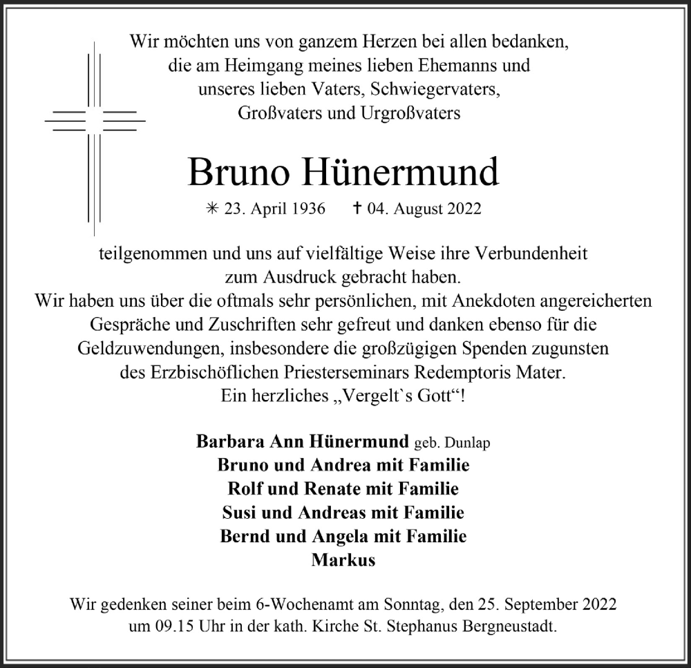  Traueranzeige für Bruno Hünermund vom 23.09.2022 aus  Anzeigen Echo 