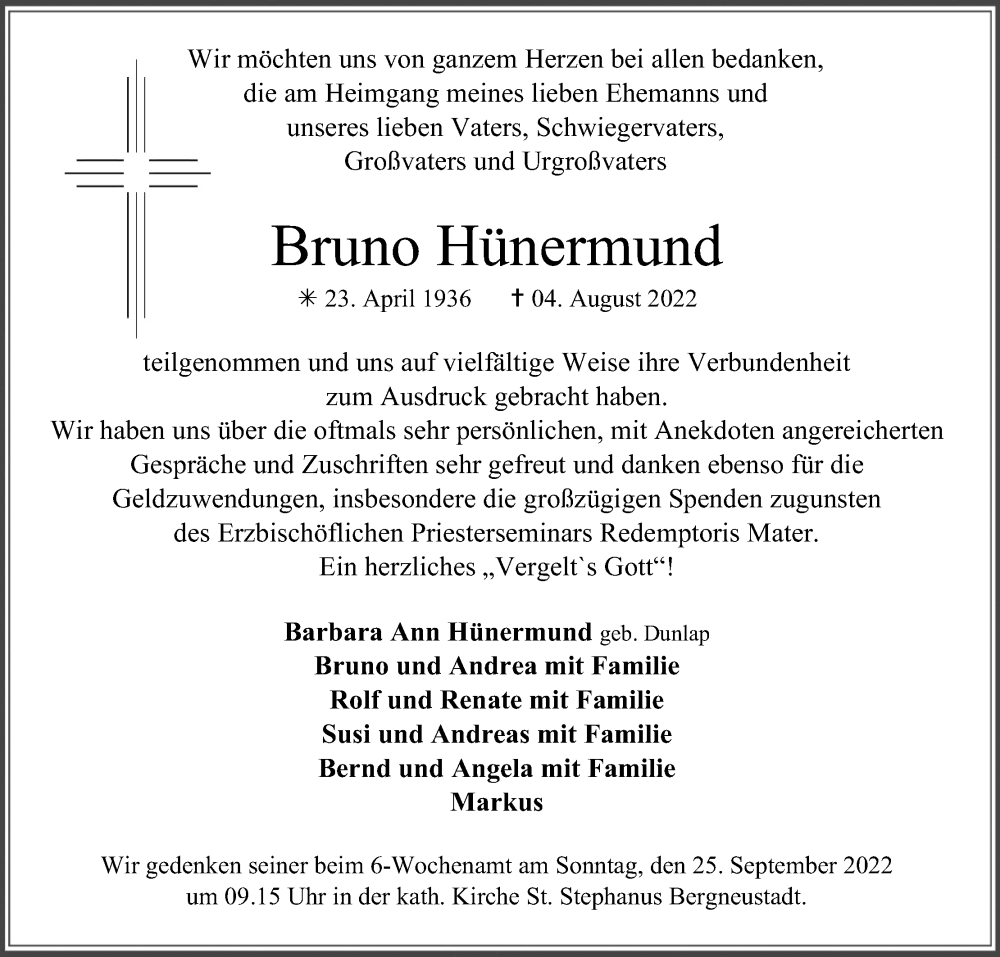  Traueranzeige für Bruno Hünermund vom 24.09.2022 aus Kölner Stadt-Anzeiger / Kölnische Rundschau / Express
