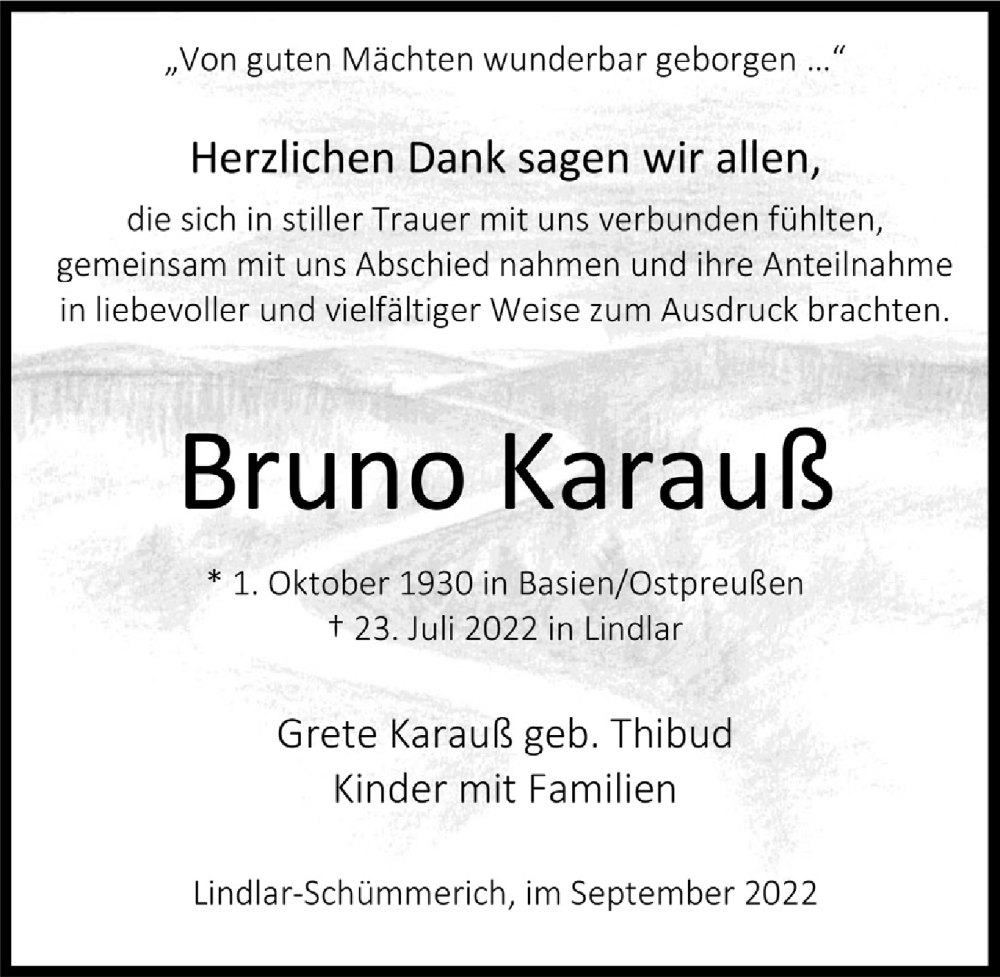  Traueranzeige für Bruno Karauß vom 09.09.2022 aus  Anzeigen Echo 