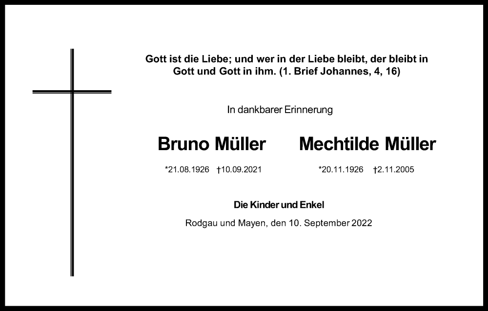  Traueranzeige für Bruno Müller vom 10.09.2022 aus Kölner Stadt-Anzeiger / Kölnische Rundschau / Express