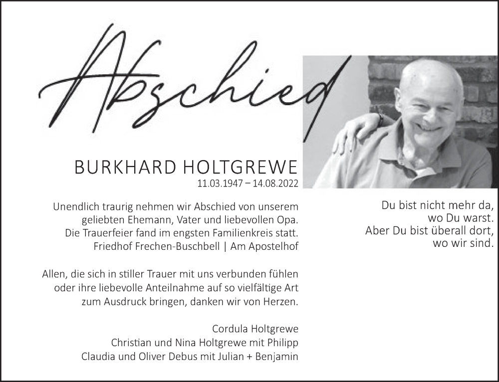  Traueranzeige für Burkhard Holtgrewe vom 02.09.2022 aus  Wochenende 