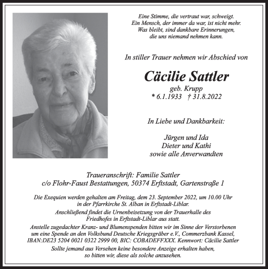 Anzeige von Cäcilie Sattler von  Werbepost 