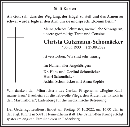 Anzeige von Christa Gutzmann-Schomäcker von  Blickpunkt Euskirchen 