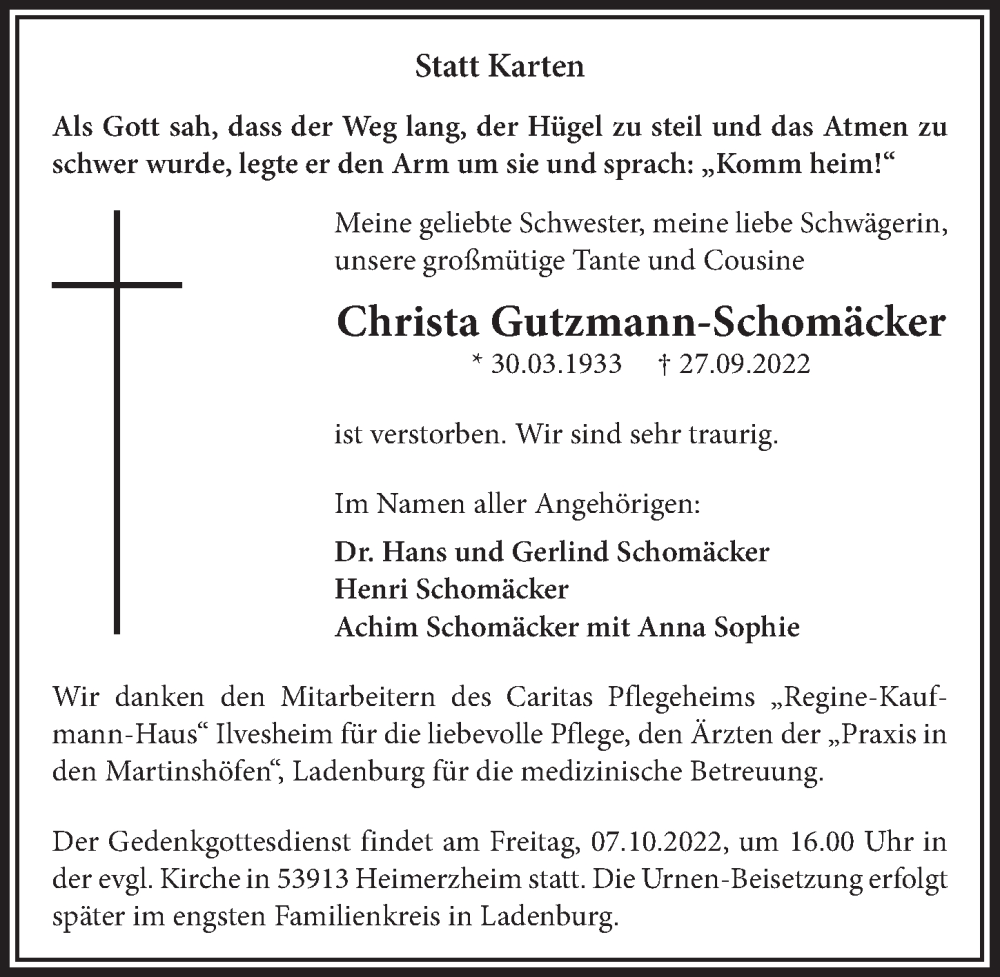  Traueranzeige für Christa Gutzmann-Schomäcker vom 01.10.2022 aus  Blickpunkt Euskirchen 
