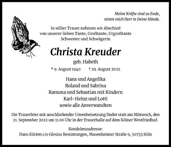 Anzeige von Christa Kreuder von Kölner Stadt-Anzeiger / Kölnische Rundschau / Express
