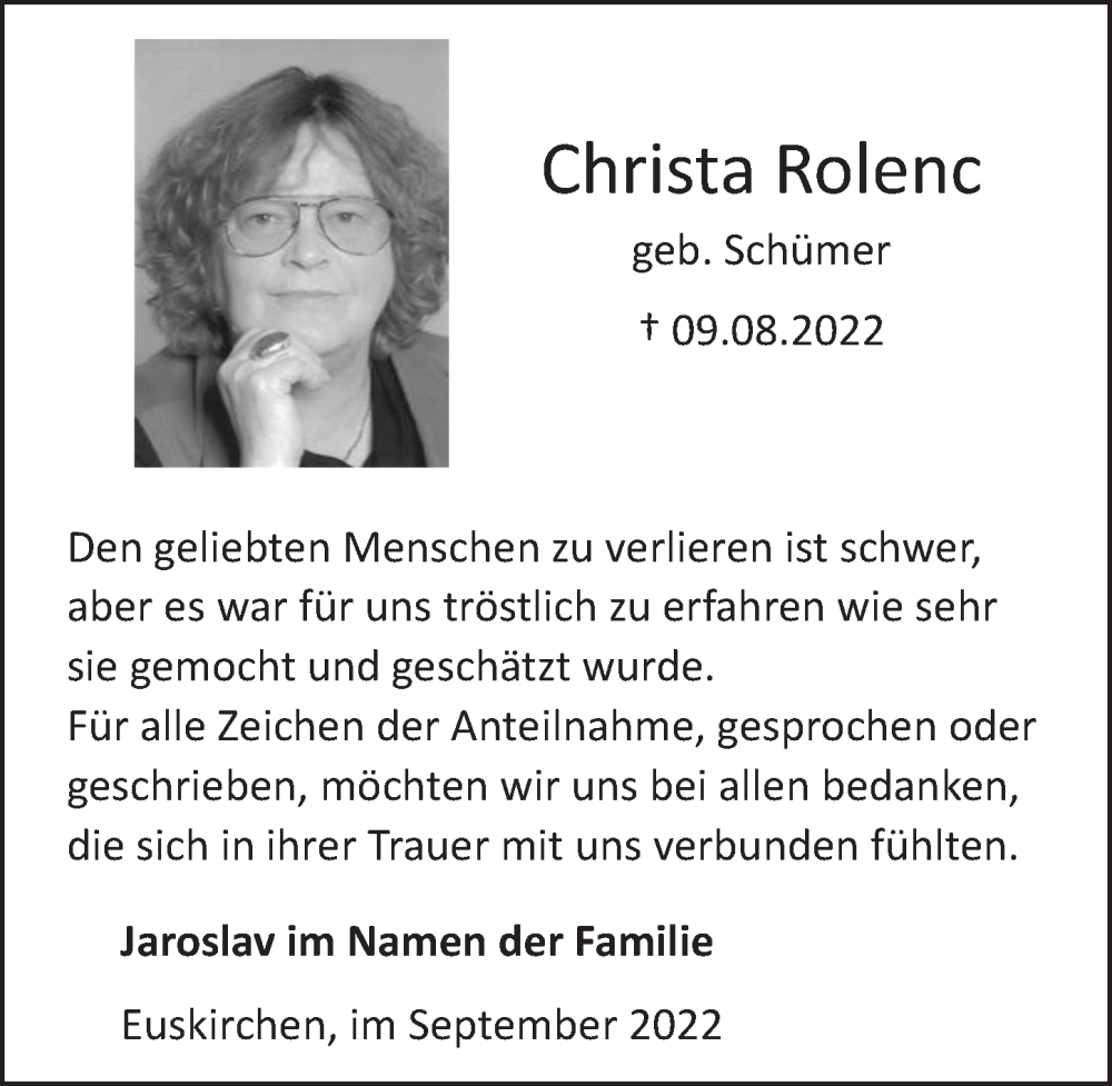  Traueranzeige für Christa Rolenc vom 17.09.2022 aus  Blickpunkt Euskirchen 