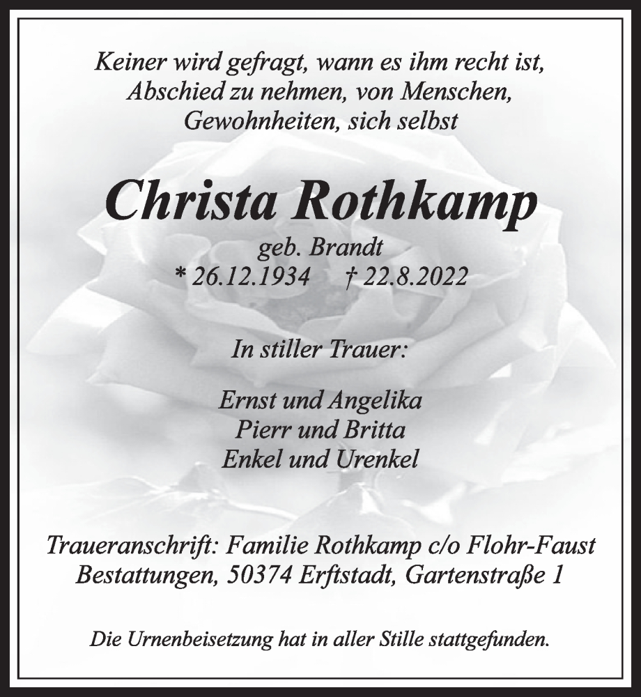  Traueranzeige für Christa Rothkamp vom 09.09.2022 aus  Werbepost 