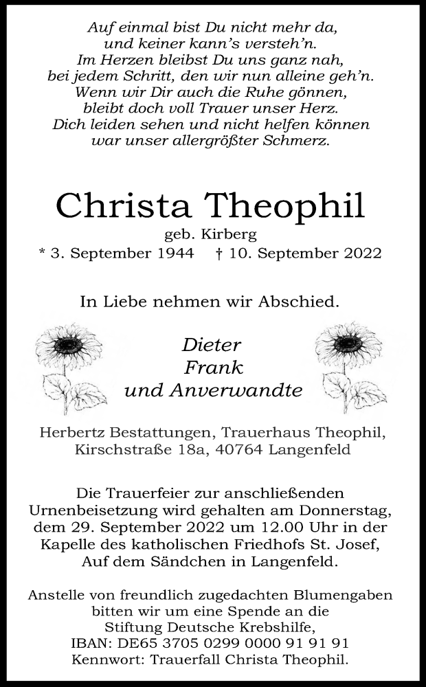  Traueranzeige für Christa Theophil vom 24.09.2022 aus Kölner Stadt-Anzeiger / Kölnische Rundschau / Express
