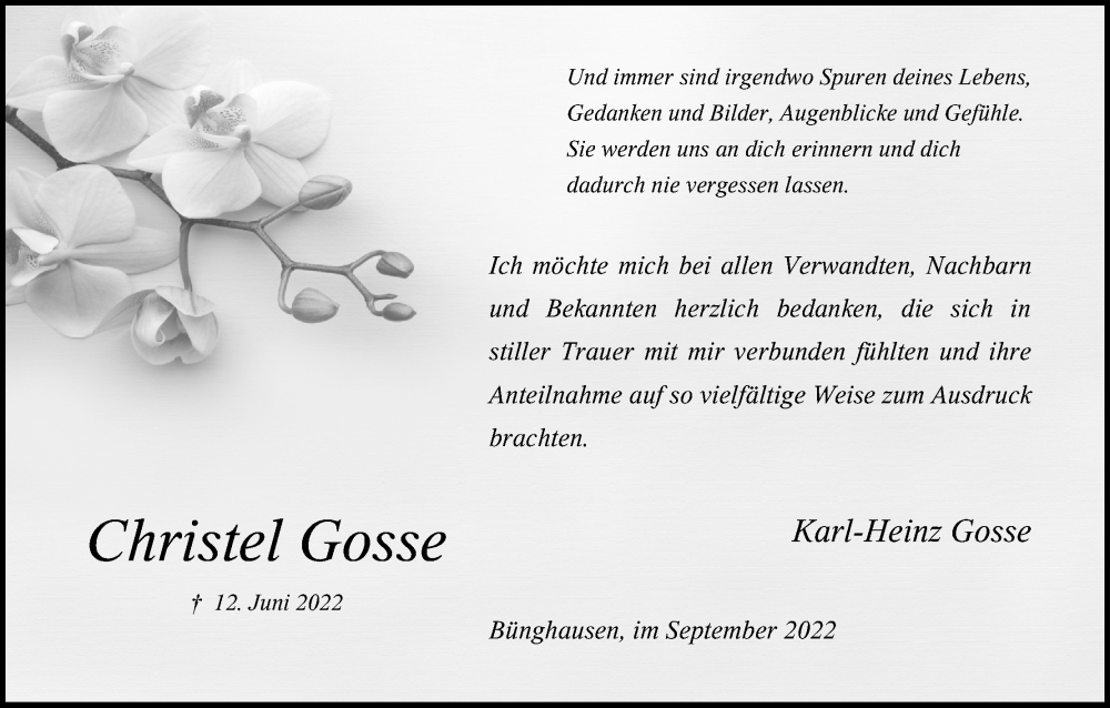  Traueranzeige für Christel Gosse vom 16.09.2022 aus Kölner Stadt-Anzeiger / Kölnische Rundschau / Express