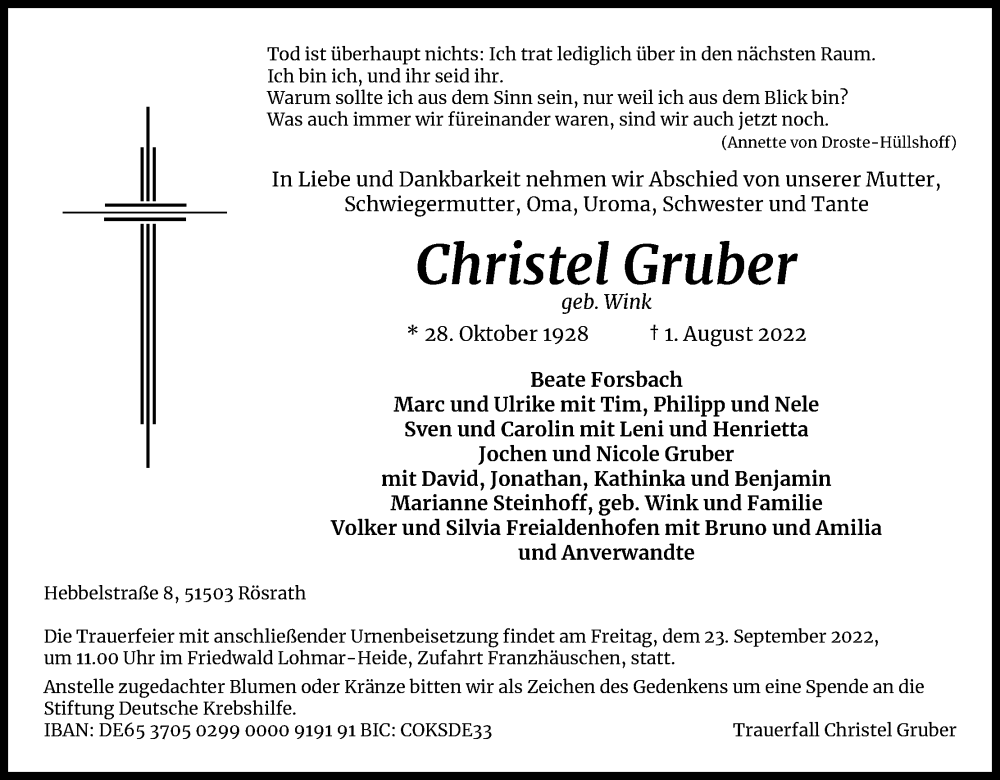  Traueranzeige für Christel Gruber vom 17.09.2022 aus Kölner Stadt-Anzeiger / Kölnische Rundschau / Express