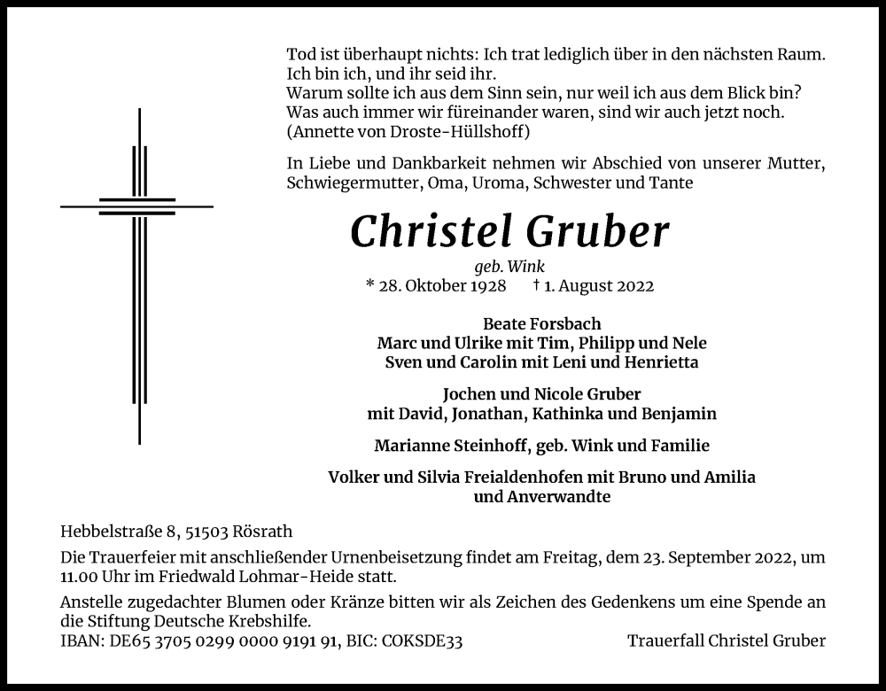  Traueranzeige für Christel Gruber vom 17.09.2022 aus Kölner Stadt-Anzeiger / Kölnische Rundschau / Express