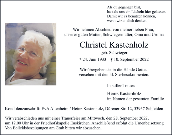 Anzeige von Christel Kastenholz von  Blickpunkt Euskirchen 