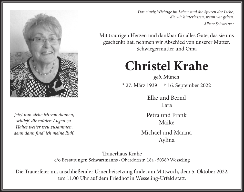  Traueranzeige für Christel Krahe vom 30.09.2022 aus  Schlossbote/Werbekurier 