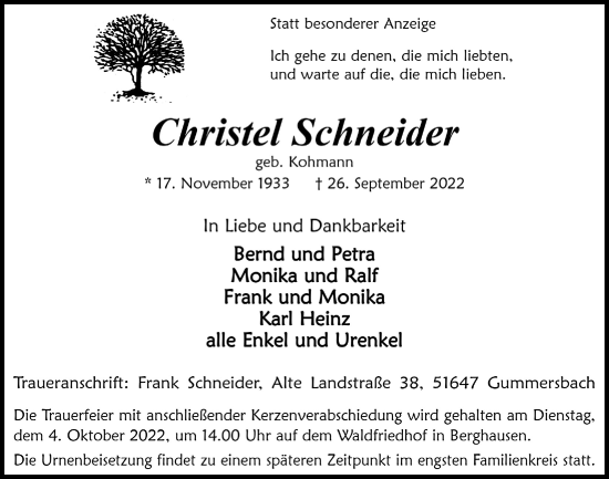 Anzeige von Christel Schneider von  Anzeigen Echo 