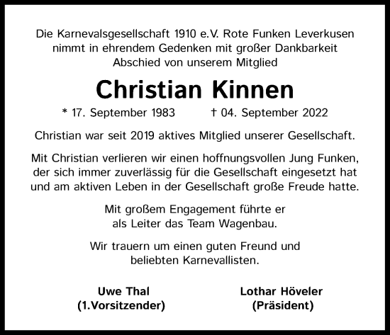 Anzeige von Christian Kinnen von Kölner Stadt-Anzeiger / Kölnische Rundschau / Express