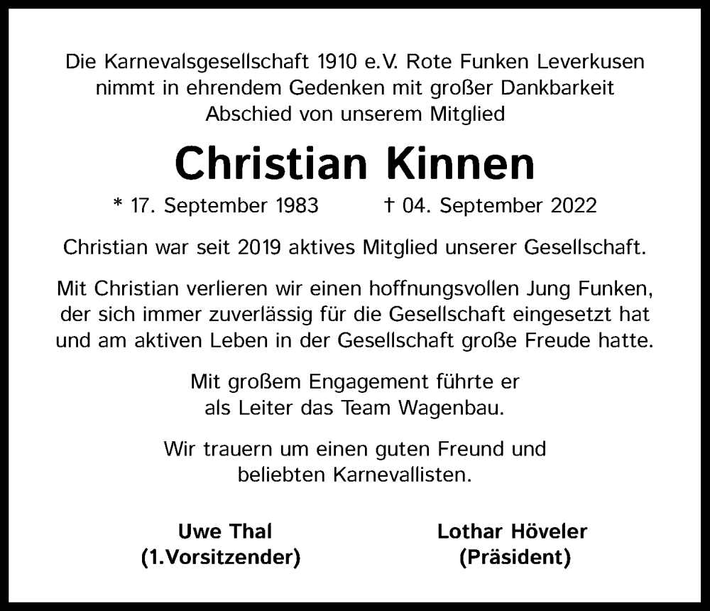  Traueranzeige für Christian Kinnen vom 17.09.2022 aus Kölner Stadt-Anzeiger / Kölnische Rundschau / Express