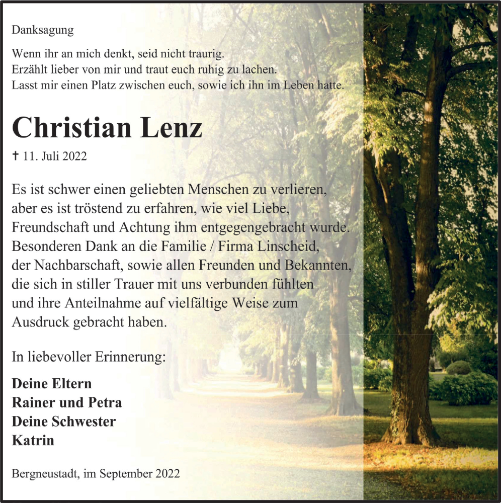  Traueranzeige für Christian Lenz vom 09.09.2022 aus  Anzeigen Echo 