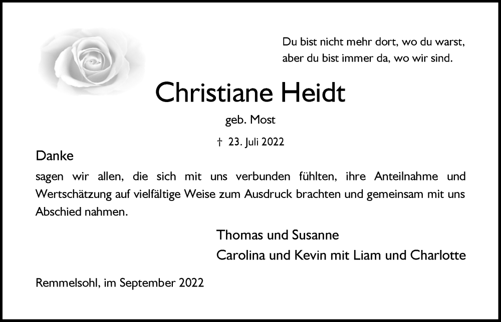  Traueranzeige für Christiane Heidt vom 16.09.2022 aus  Anzeigen Echo 