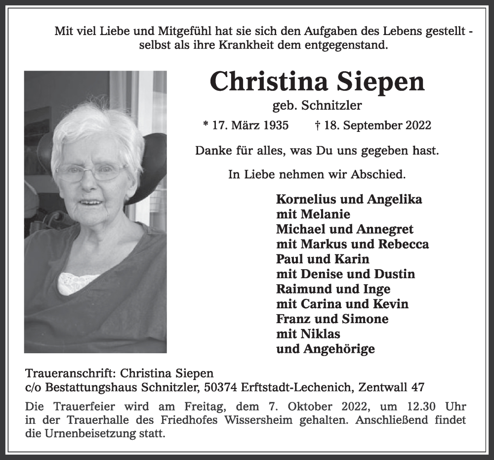  Traueranzeige für Christina Siepen vom 23.09.2022 aus  Werbepost 