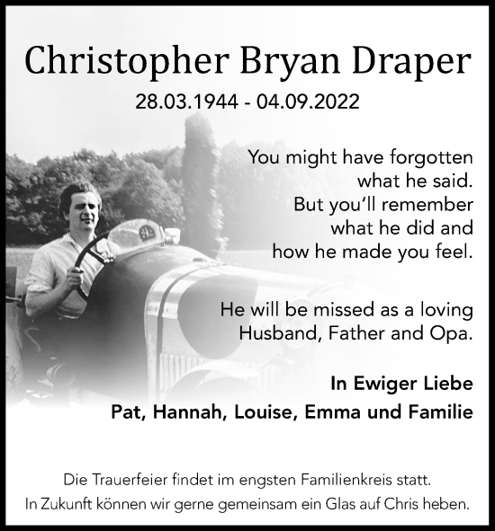 Anzeige von Christopher Bryan Draper von Kölner Stadt-Anzeiger / Kölnische Rundschau / Express