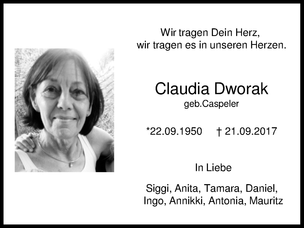  Traueranzeige für Claudia Dworak vom 21.09.2022 aus Kölner Stadt-Anzeiger / Kölnische Rundschau / Express