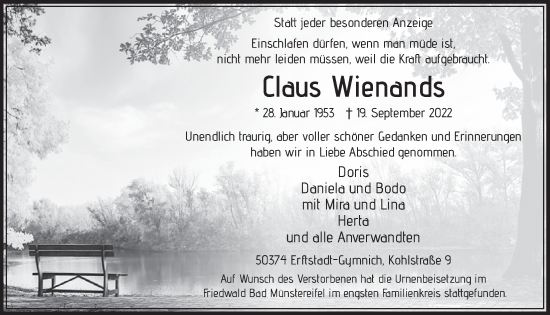 Anzeige von Claus Wienands von  Werbepost 