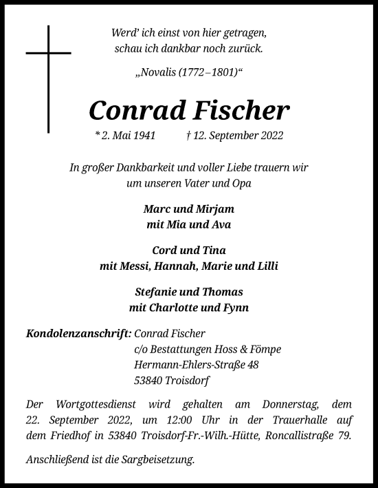 Anzeige von Conrad Fischer von Kölner Stadt-Anzeiger / Kölnische Rundschau / Express