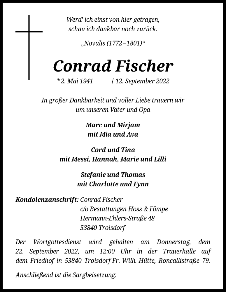  Traueranzeige für Conrad Fischer vom 17.09.2022 aus Kölner Stadt-Anzeiger / Kölnische Rundschau / Express