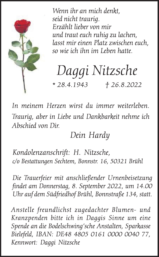 Anzeige von Daggi Nitzsche von Kölner Stadt-Anzeiger / Kölnische Rundschau / Express