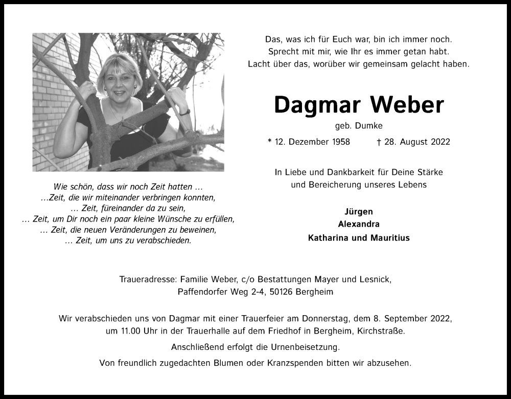  Traueranzeige für Dagmar Weber vom 03.09.2022 aus Kölner Stadt-Anzeiger / Kölnische Rundschau / Express