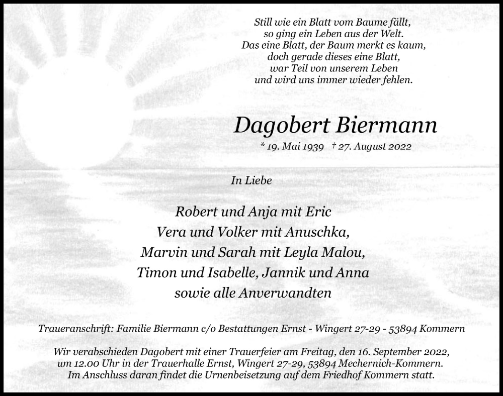  Traueranzeige für Dagobert Biermann vom 10.09.2022 aus  Blickpunkt Euskirchen 