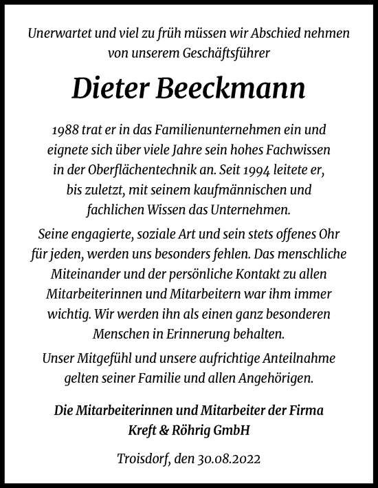 Anzeige von Dieter Beeckmann von Kölner Stadt-Anzeiger / Kölnische Rundschau / Express