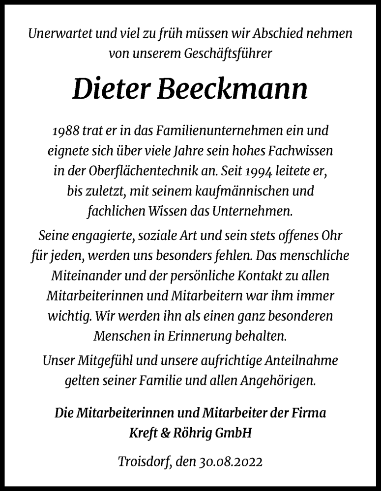  Traueranzeige für Dieter Beeckmann vom 10.09.2022 aus Kölner Stadt-Anzeiger / Kölnische Rundschau / Express