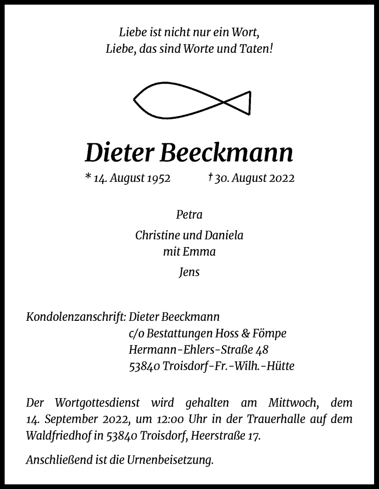  Traueranzeige für Dieter Beeckmann vom 10.09.2022 aus Kölner Stadt-Anzeiger / Kölnische Rundschau / Express