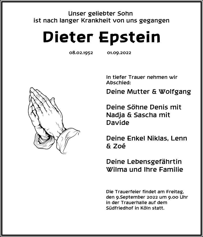  Traueranzeige für Dieter Epstein vom 08.09.2022 aus Kölner Stadt-Anzeiger / Kölnische Rundschau / Express