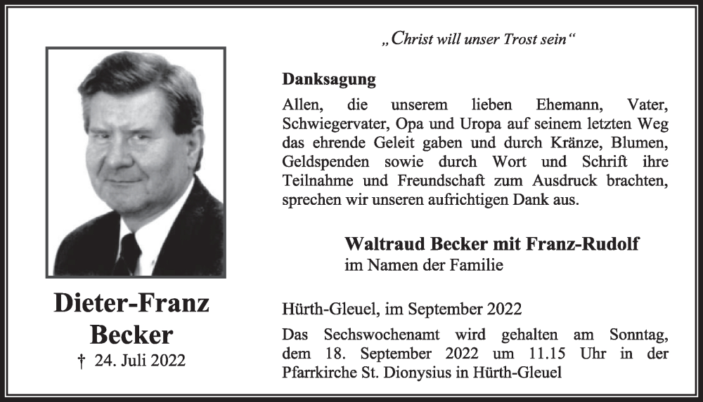  Traueranzeige für Dieter-Franz Becker vom 09.09.2022 aus  Wochenende 