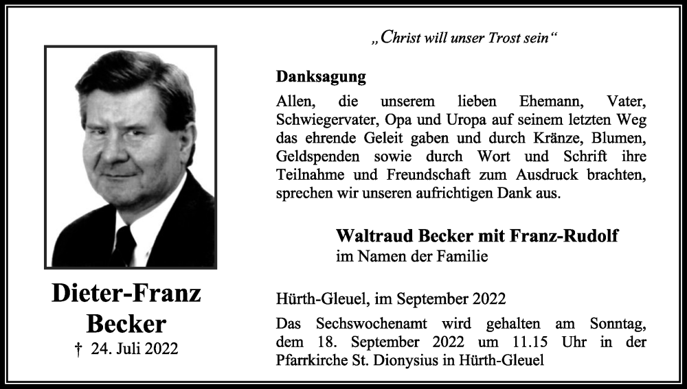  Traueranzeige für Dieter-Franz Becker vom 10.09.2022 aus Kölner Stadt-Anzeiger / Kölnische Rundschau / Express