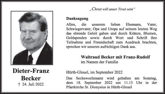 Anzeige von Dieter-Franz Becker von  Wochenende 