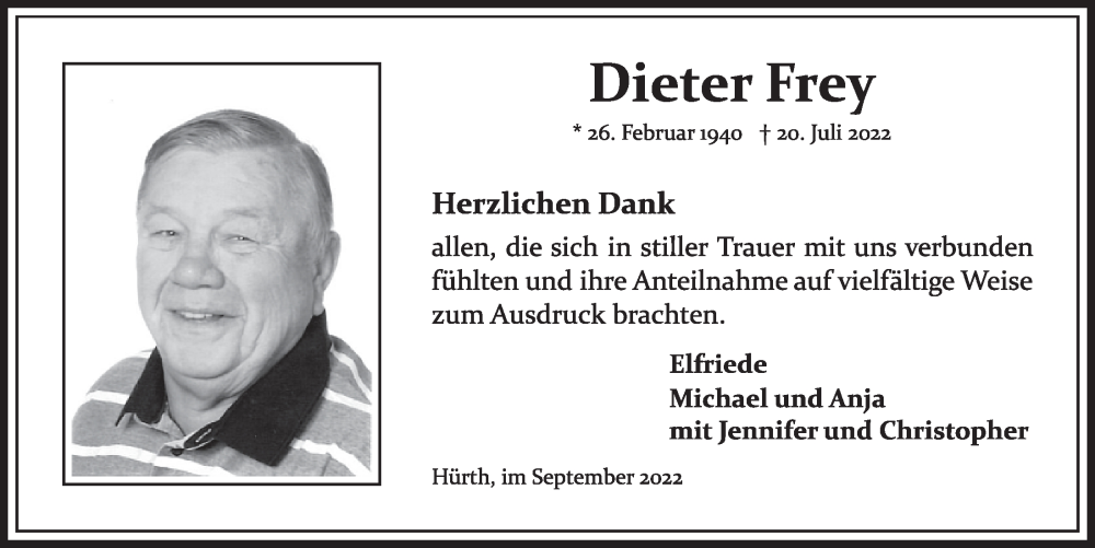  Traueranzeige für Dieter Frey vom 16.09.2022 aus  Wochenende 