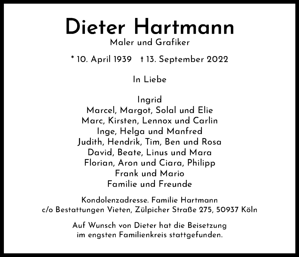  Traueranzeige für Dieter Hartmann vom 24.09.2022 aus Kölner Stadt-Anzeiger / Kölnische Rundschau / Express