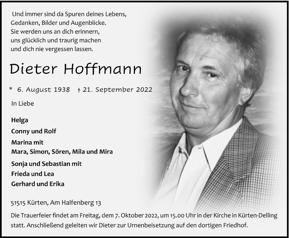  Traueranzeige für Dieter Hoffmann vom 30.09.2022 aus  Bergisches Handelsblatt 