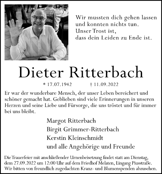 Anzeige von Dieter Ritterbach von Kölner Stadt-Anzeiger / Kölnische Rundschau / Express
