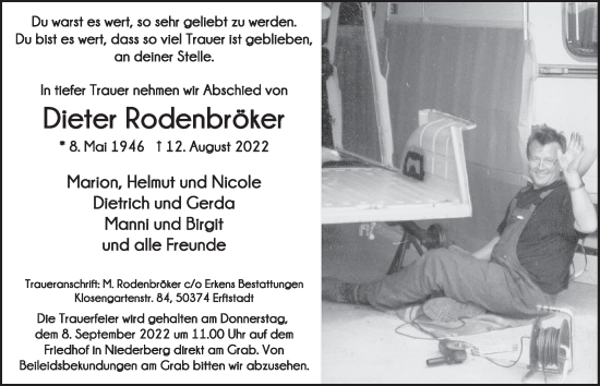 Anzeige von Dieter Rodenbröker von  Werbepost 