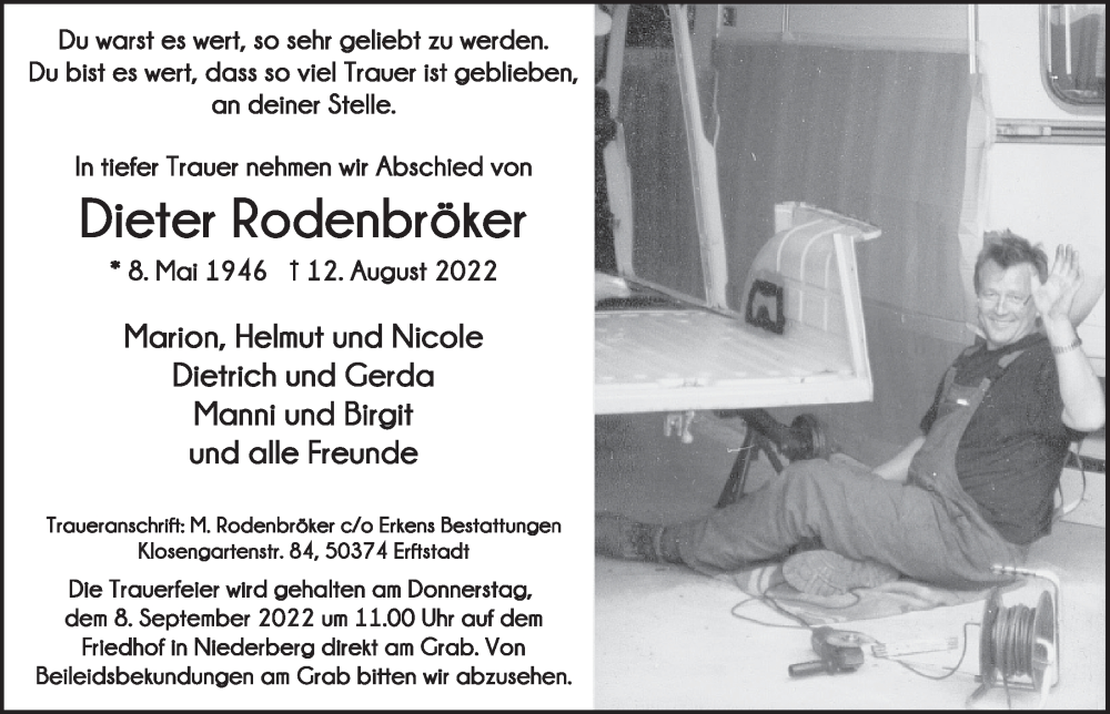  Traueranzeige für Dieter Rodenbröker vom 02.09.2022 aus  Werbepost 