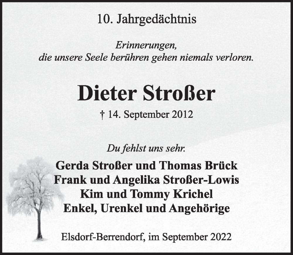  Traueranzeige für Dieter Stroßer vom 23.09.2022 aus  Wochenende  Werbepost 