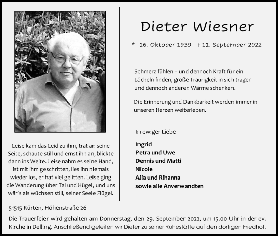 Anzeige von Dieter Wiesner von Kölner Stadt-Anzeiger / Kölnische Rundschau / Express
